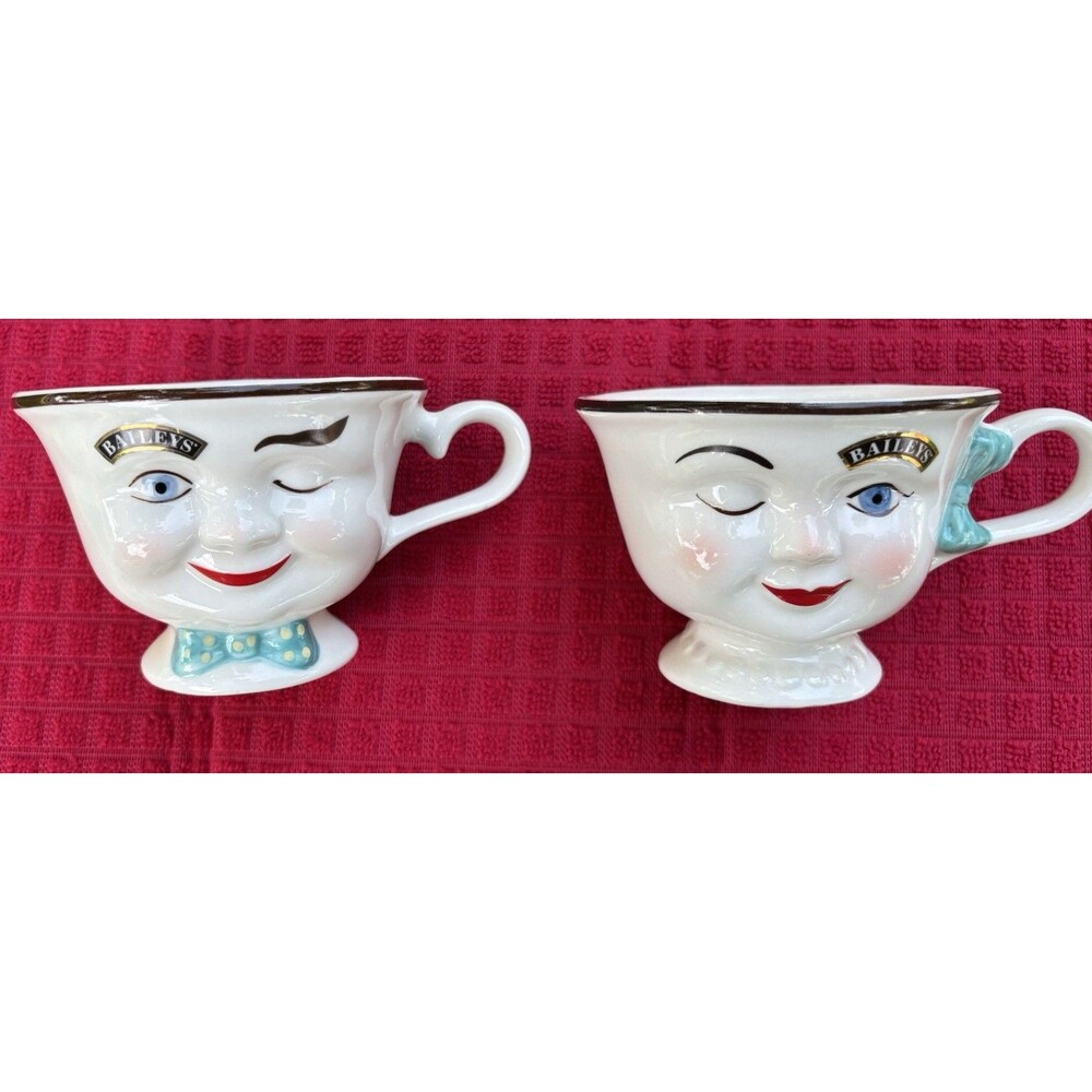 Baileys Irish Cream HIS HERS YUM Coffee Tea Cups 2 Winking Eye Mugs Vintage Set
